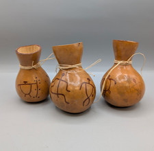 Set of three SMALL Vintage African hand-decorated Calabash gourd vessels picture