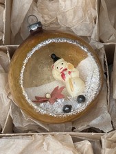 Vintage Japan Gold Diorama Snowman Poinsetta Glass Ornament picture