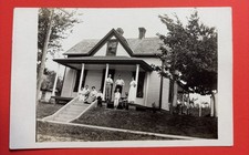 RPPC Antique Postcard Family on Porch House Victorian Home Unposted Black & picture