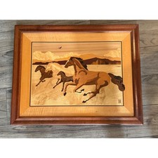 Vintage Hudson River Inlay Mustangs Wood Marquetry Art 24x19 Signed Jeff Nelson picture
