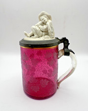 Antique German Cranberry Frosted Beer Stein w Porcelain Man Lid - AS IS - Cracks picture