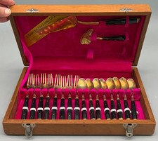 VTG S. Samran Thailand Bronze Brass 18 Pc Dessert Flatware Set Case Mid Century picture