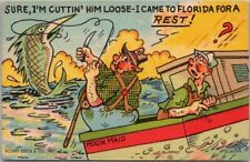 FLORIDA Fishing Comic Linen Postcard Fishing Boat / Marlin - Curteich Linen 1952 picture