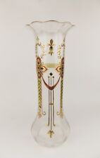 Antique 1910s Art Nouveau Glass Satin Gilded Vase w Flowers & Garlands Bohemia picture