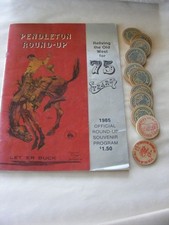 VTG Original 1985 Pendleton Round-up Souvenir Program & 11 Wooden Nickels picture