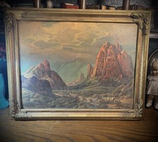 Antique gold wood frame carved corners western landscape art The Pioneer Trail picture