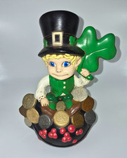 Vintage 1970s Ceramic Leprechaun Bank Pot of Gold St Patricks Day 9.5