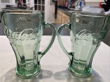 Vintage Libbey Coca Cola Green Heavy Glass Mugs with Handle Set of 2 picture