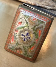 Vtg Chinese Enamel Trinket Box Silver Plated Floral Design Small 1.5” Pill Case picture