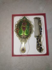 Vintage Peacock Hand Mirror & Hair Comb Set Gold Tone Ornate Vanity Decor Retro picture