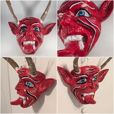 Vintage Diablo Devil Mask Carved Wood with Real Horns. Artisan Made. Mexico picture