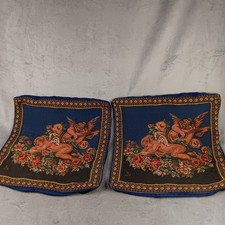 Vintage Set Of 2 Cherub Angel Tapestry Throw Pillow Covers Navy Blue 15