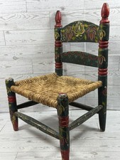 Vintage Mexican Folk Art Child Chair Hand Painted Rush Seat 19” Decor AS IS picture