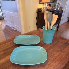 Set Homer Laughlin Fiesta Turquoise Serving Platters and Utensil Canister picture