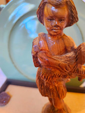 Vintage Hand Carved Olive Wood David Shepherd Boy Holding Lamb Figurine 9.75” picture
