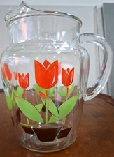 Vintage 1960's MCM Glass Water Pitcher Potted Tulip. Excellent Condition picture