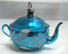 Vintage West Germany Mercury Glass Blue Teapot Hand Painted Christmas Ornament picture