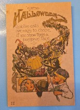 Halloween Antique Postcard Nash Goblin Cats, Kids Thwart Goblins Atop Black Cats picture
