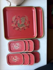 Vintage Set Of 10 Metal Serving & Appetizer Trays Red Peacock/Rooster MCM picture