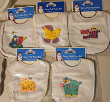 NEW LOT (5) Vintage BABY KING Puffy Print TERRY BIBS Birds DUCK Tiger RHINO picture