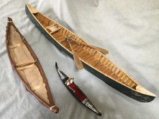 Vintage Wood Canoe Model With Paddles - Lot Of 3 - Wooden , Leather , Gondola picture