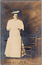Antique RPPC Real Photo Postcard Edwardian Fashion Woman White Dress Dated 1908 picture