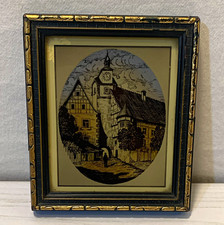 Germany Framed Village Etching Clock Tower Scene, Easel, Richards 3.5x4” picture