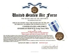 US Air Force Overseas Service Long Tour Certificate with Medal and Ribbon picture
