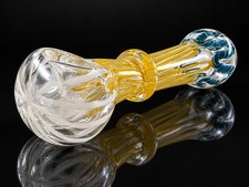 Clear Glass Tobacco Hand Pipe Gold Teal Swirl Raised Ring Detailed Glasswork picture