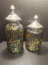 2x Rare Vintage Mexican Ribbed CONFETTI GLASS Canisters W/ Lids picture