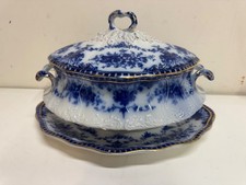 Antique S. Hancock & Sons “Coronet” Pattern Flow Blue Tureen w/ Lid & Underplate picture