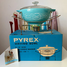 Pyrex 443 Turquoise Scroll Serving Bowl with ORIGINAL BOX, cradle and pamphlet picture