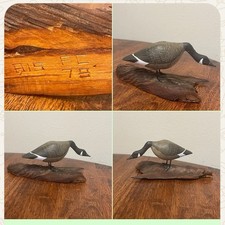 VTG 1978 Hand Carved Canada Goose Miniature Decoy Driftwood Base Signed FC ILL picture