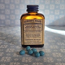 Rare Vintage 50's DeWitt's Pills Bottle full with Label Blue Pills aches, pains picture