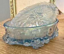 Vintage FENTON Soft Blue Iridescent Opalescent Cabbage Rose Trinket Box Sticker picture
