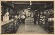 Antique Postcard BROOKLINE MASS MA Burns Pharmacy Interior DRUGSTORE picture