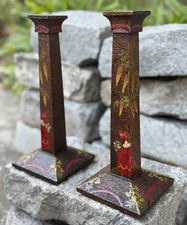 Pair Vintage Folk Art Hammered Textured Wood Candlesticks Hand Painted Figures picture