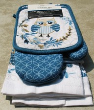 2018 Mainstays 7piece Owl Themed Kitchen Set in Blue + Brown inc. Oven Mitt etc. picture