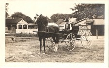 MAN RIDING HORSE & BUGGY c1910 real photo postcard rppc street advertising picture