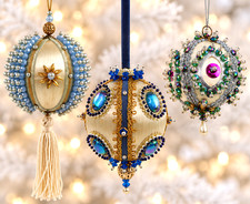 3 Vtg Beaded Push Pin Xmas Ornament Lot MCM BLUE Satin balls jeweled pearl picture