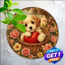 Romantic Valentine Puppy Basket Flower Round Metal Sign Cute Holiday Tin Plaque picture
