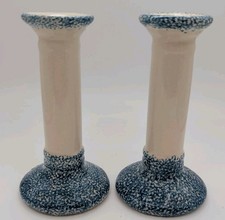 Vintage Blue And White Spongeware Ceramic Candle Holders Farmhouse Decor picture