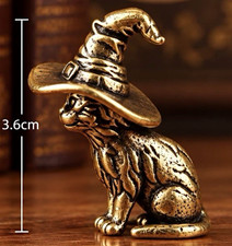 Brass Cat Figurine Wearing Witch Hat Metal Finish Mini Statue Collectible Decor picture