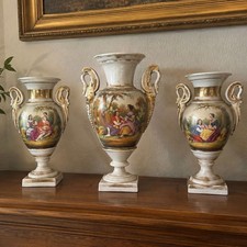 3 Antique Hand Painted Vieux Paris Porcelain Urns 19th Century picture