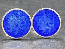 VINTAGE STERLING SILVER BLUE GUILLOCHE ENAMEL SAINT CHRISTOPHER MEDAL Cufflinks picture