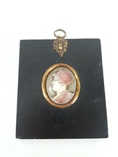 Very Old Antique Hand Carved Cameo Mounted In Goldtone And Black Wood Plaque  picture