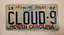 Vtg 1982 North Carolina CLOUD9 Vanity License Plate First in Flight Collectable picture