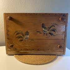 Woodpecker Woodware Vintage Rooster Bread Box Drop Down Front Door Cutting Board picture