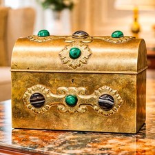 Stunning Cabochon Gemstone Antique Victorian Domed Brass Metal Desk Casket Box picture
