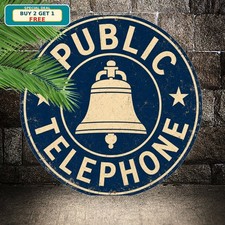 Vintage Public Telephone Bell System Retro Metal Tin Sign Phone Booth Wall Decor picture